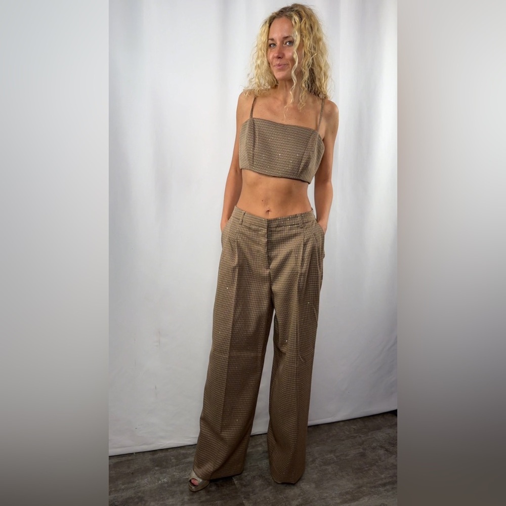 NEW House of Harlow 1960 Cropped Top Wide Leg Pants Set in Brown Size Small